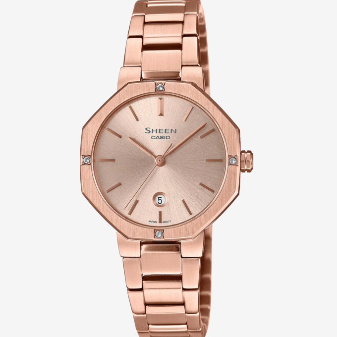Montre Casio SHE-4543PG-4AUDF - Élégante Montre Analogique Octogonale en Acier Inoxydable avec Cadran en Or Rose - Verre Saphir