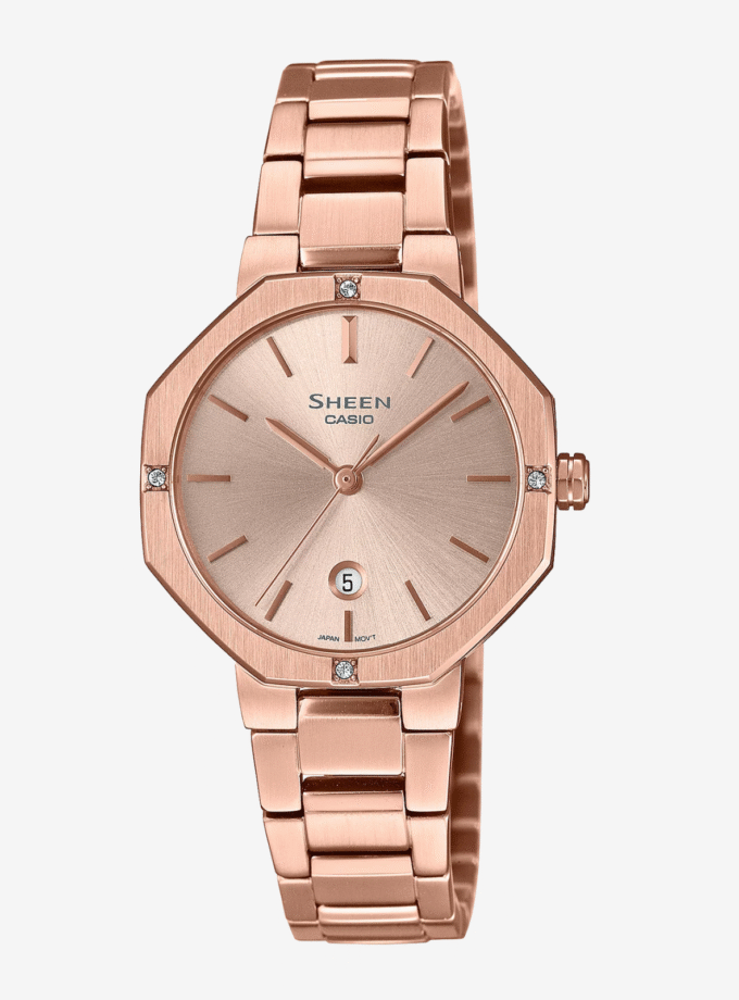 Montre Casio SHE-4543PG-4AUDF - Élégante Montre Analogique Octogonale en Acier Inoxydable avec Cadran en Or Rose - Verre Saphir