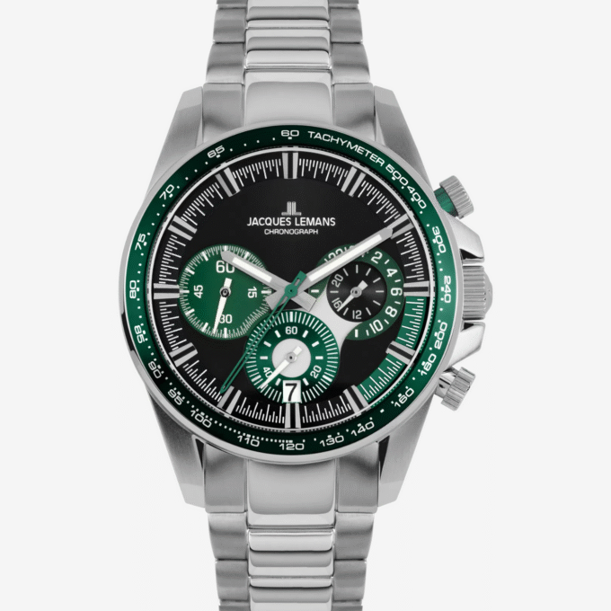 Montre Jacques Lemans 1-2127G - Chronographe Sportif pour Hommes avec Cadran Noir et Bracelet en Acier Inoxydable