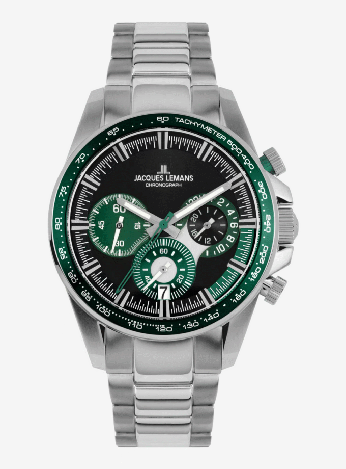 Montre Jacques Lemans 1-2127G - Chronographe Sportif pour Hommes avec Cadran Noir et Bracelet en Acier Inoxydable