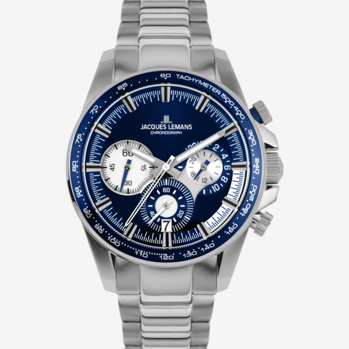 Montre Jacques Lemans 1-2127F - Chronographe Sportif pour Hommes avec Cadran Bleu et Bracelet en Acier Inoxydable