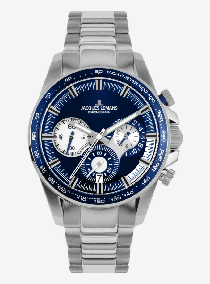 Montre Jacques Lemans 1-2127F - Chronographe Sportif pour Hommes avec Cadran Bleu et Bracelet en Acier Inoxydable