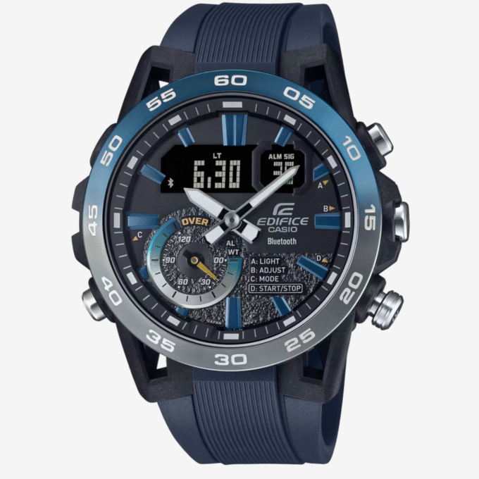 Montre Connectée Homme Casio ECB-40NP-1ADF – Bluetooth, Chronomètre Précision, Heure Mondiale, Alarme, Chronographe Résine Bleue, Carbone & Acier, 100m Étanche, Quartz
