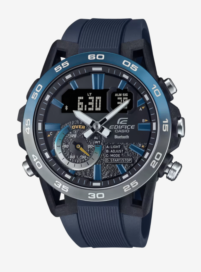 Montre Connectée Homme Casio ECB-40NP-1ADF – Bluetooth, Chronomètre Précision, Heure Mondiale, Alarme, Chronographe Résine Bleue, Carbone & Acier, 100m Étanche, Quartz