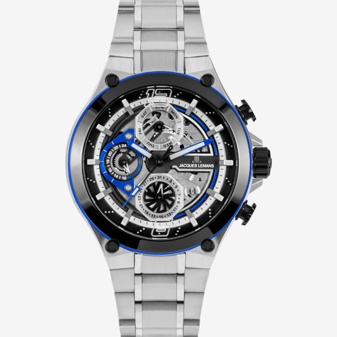 Montre Jacques Lemans 1-2150D - Montre Multifonctionnelle Sportive pour Hommes avec Cadran Noir et Bracelet en Acier Inoxydable