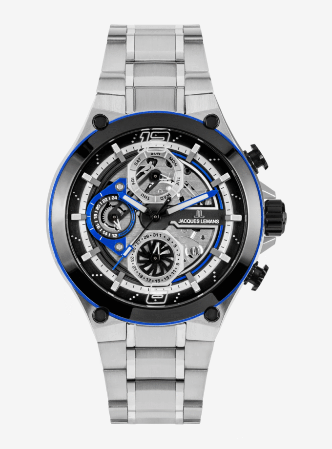 Montre Jacques Lemans 1-2150D - Montre Multifonctionnelle Sportive pour Hommes avec Cadran Noir et Bracelet en Acier Inoxydable