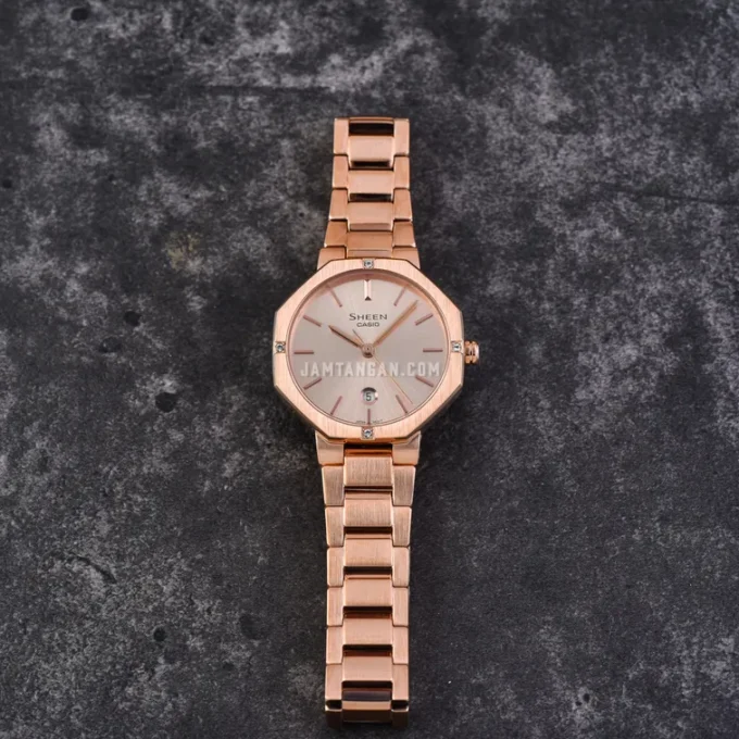 Montre Casio SHE-4543PG-4AUDF - Élégante Montre Analogique Octogonale en Acier Inoxydable avec Cadran en Or Rose - Verre Saphir