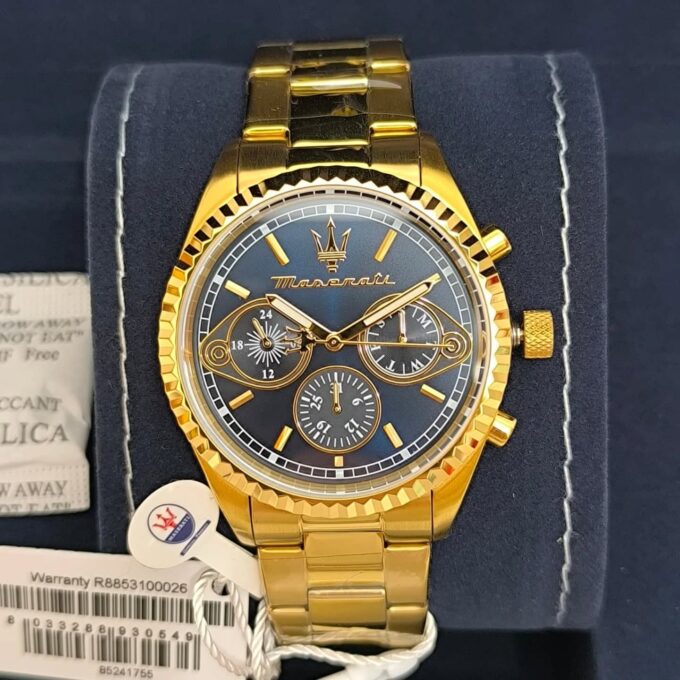 Montre Maserati Competizion R8853100026 - Montre Analogique Sportive pour Hommes avec Cadran Bleu et Bracelet Métallique Jaune