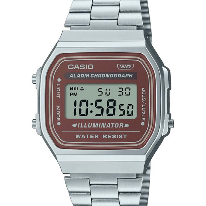 montre classique homme casio a168wa 5aydf bracelet acier inoxydable, affichage digital, rétroéclairage led, Étanche argent référence a168wa 5aydf