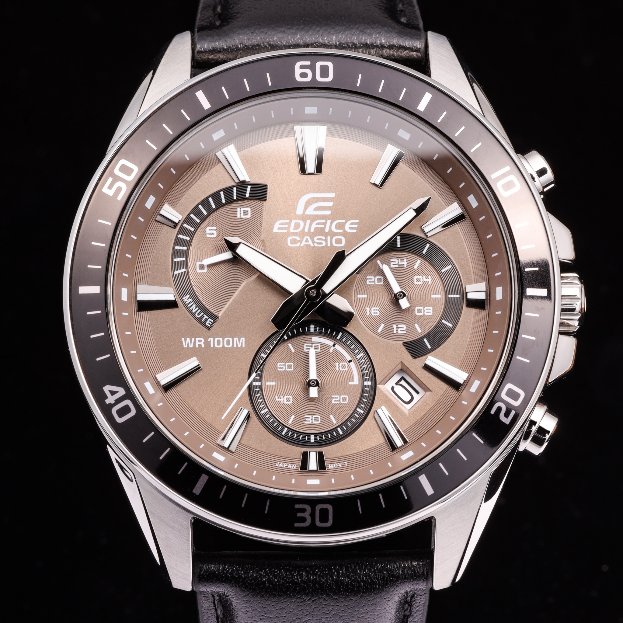 casio edifice chronographe bracelet en cuir chronographe, indicateur de date, verre minéral, résistant à l'eau montre homme efr 552l 5avudf noir