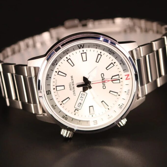 montre classique homme casio quartz, acier inoxydable, Étanche 100m, affichage jour/date, aiguilles lumineuses argenté mtd 130d 7avdf