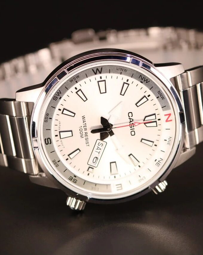 montre classique homme casio quartz, acier inoxydable, Étanche 100m, affichage jour/date, aiguilles lumineuses argenté mtd 130d 7avdf