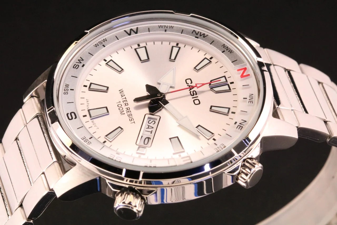 montre classique homme casio quartz, acier inoxydable, Étanche 100m, affichage jour/date, aiguilles lumineuses argenté mtd 130d 7avdf