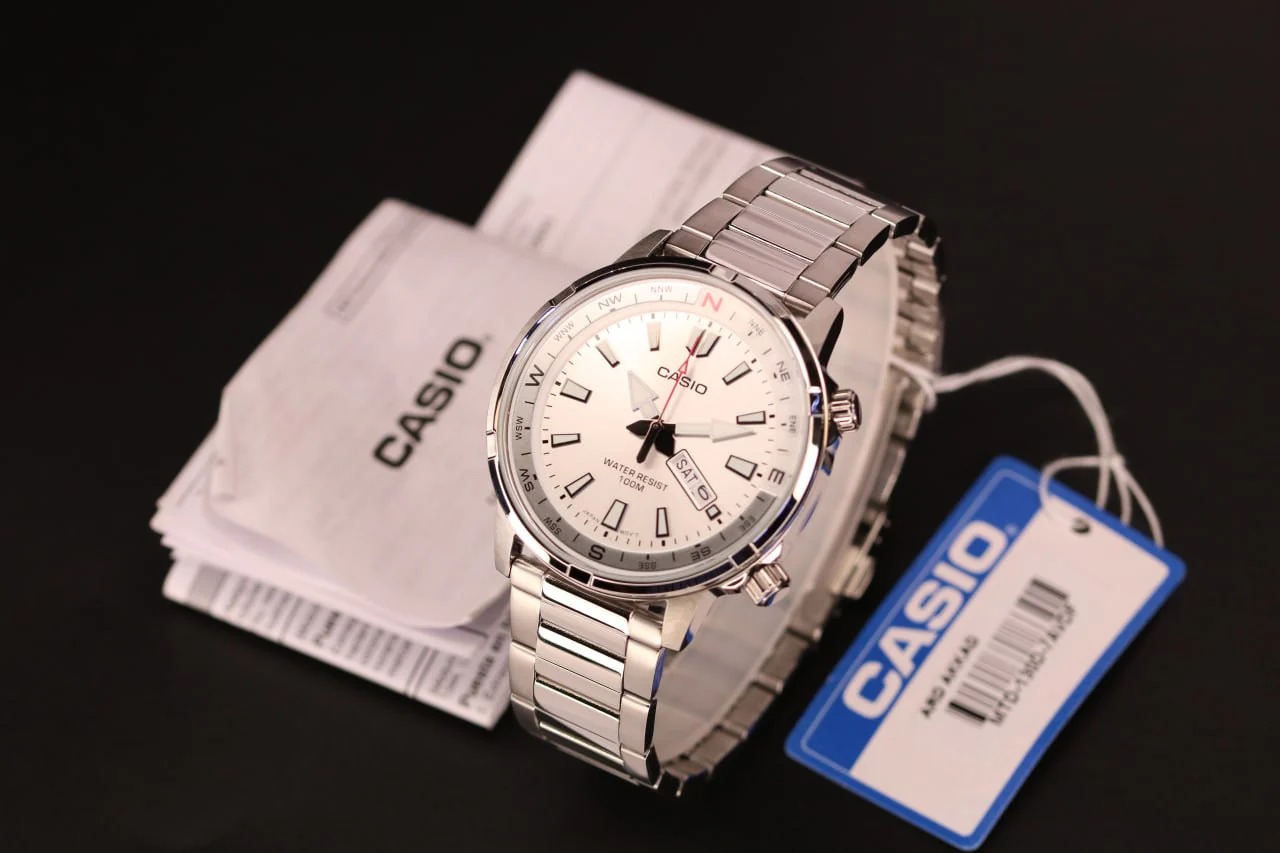 montre classique homme casio quartz, acier inoxydable, Étanche 100m, affichage jour/date, aiguilles lumineuses argenté mtd 130d 7avdf