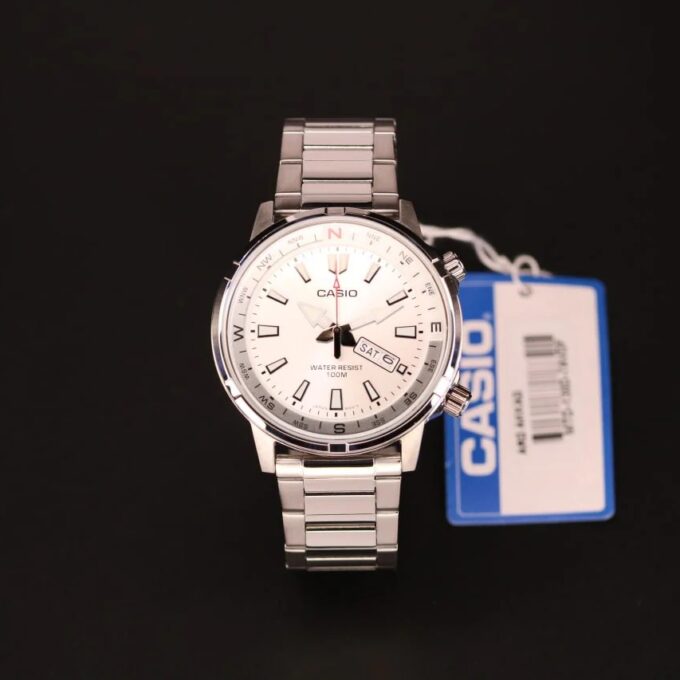 Montre Classique Homme - Casio - Quartz, Acier Inoxydable, Étanche 100m, Affichage Jour/Date, Aiguilles Lumineuses - Argenté - MTD-130D-7AVDF