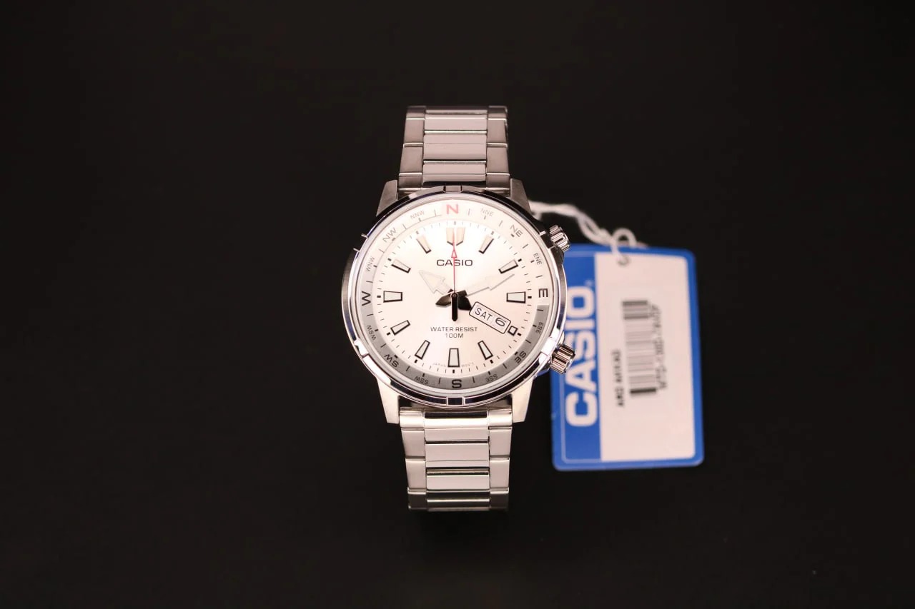 montre classique homme casio quartz, acier inoxydable, Étanche 100m, affichage jour/date, aiguilles lumineuses argenté mtd 130d 7avdf