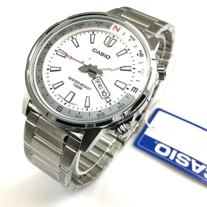 Montre Classique Homme - Casio - Quartz, Acier Inoxydable, Étanche 100m, Affichage Jour/Date, Aiguilles Lumineuses - Argenté - MTD-130D-7AVDF