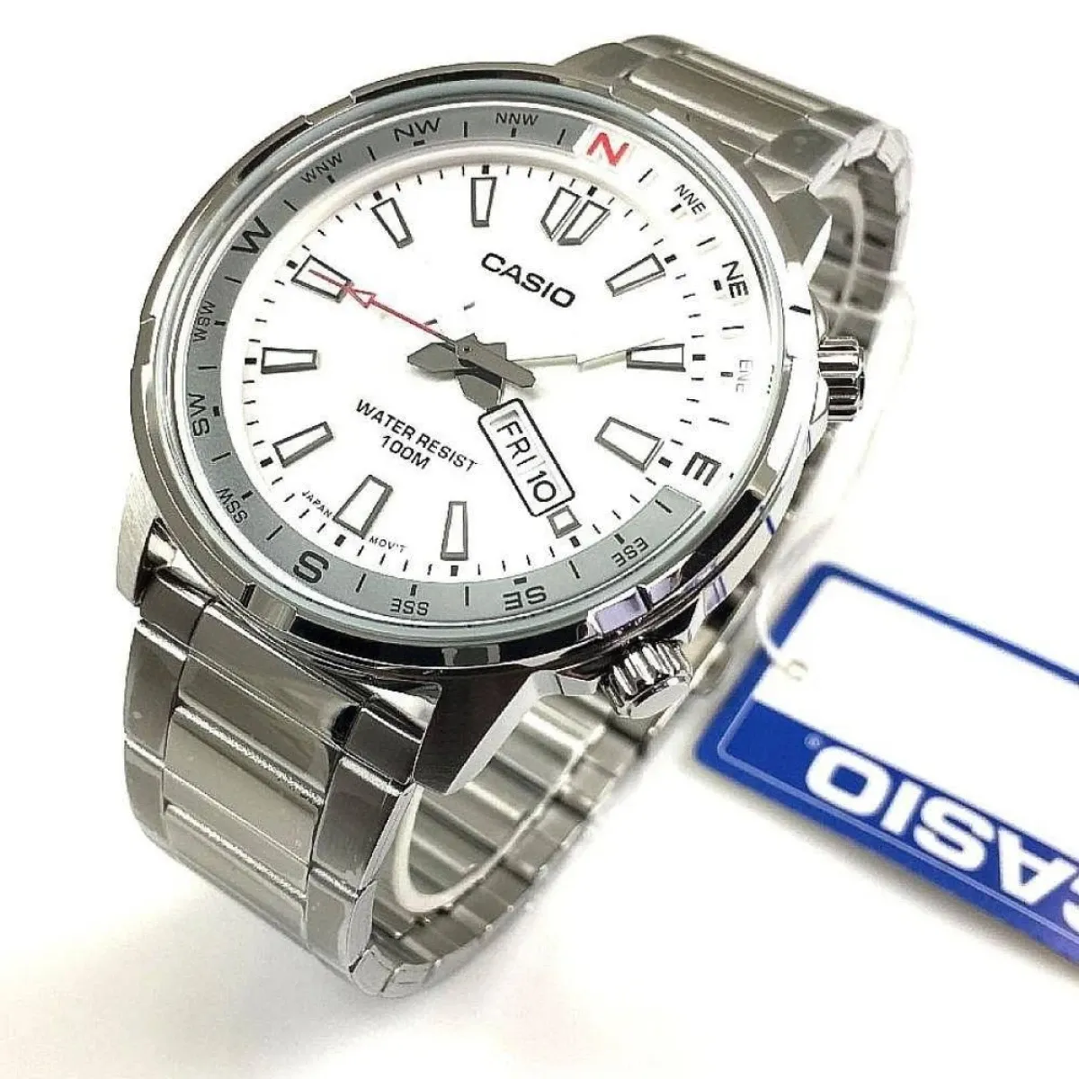 montre classique homme casio quartz, acier inoxydable, Étanche 100m, affichage jour/date, aiguilles lumineuses argenté mtd 130d 7avdf