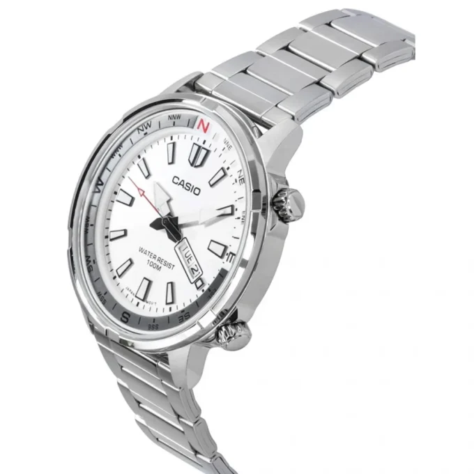 Montre Classique Homme - Casio - Quartz, Acier Inoxydable, Étanche 100m, Affichage Jour/Date, Aiguilles Lumineuses - Argenté - MTD-130D-7AVDF