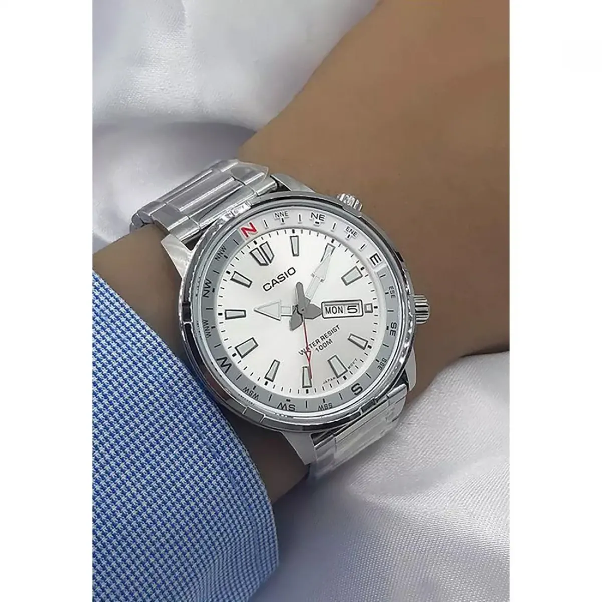 montre classique homme casio quartz, acier inoxydable, Étanche 100m, affichage jour/date, aiguilles lumineuses argenté mtd 130d 7avdf