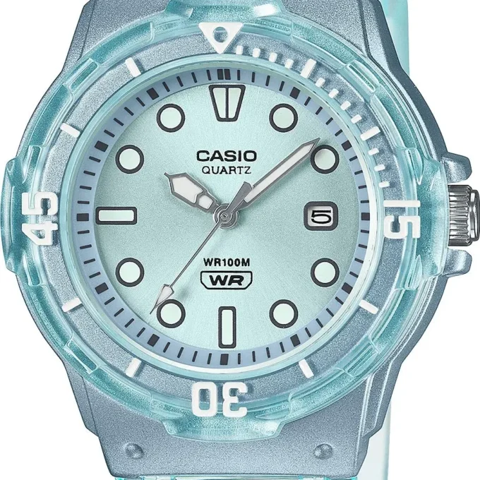 Montre Analogique Classique - Casio - Femme - Étanche 100m, Lunette Rotative, Bracelet Résine, Cadran Bleu Turquoise - Référence LRW-200HS-2EVDF
