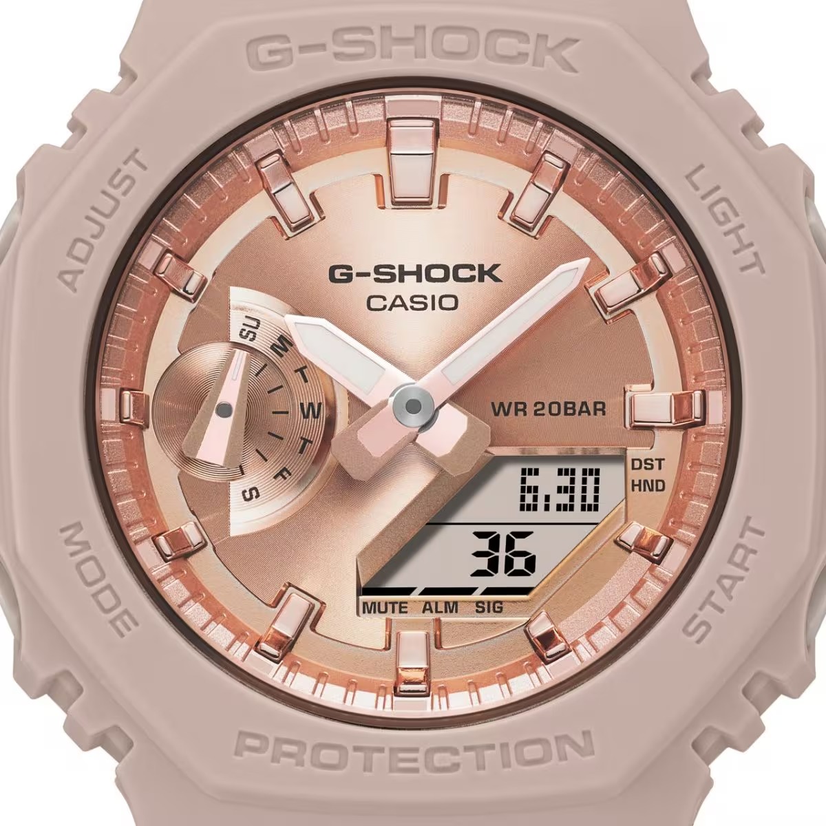 montre analogique digitale g shock femme résistante aux chocs, Étanche 20 atm, design octogonal, Éclairage led résine renforcée carbone rose doré gma s2100md 4adr