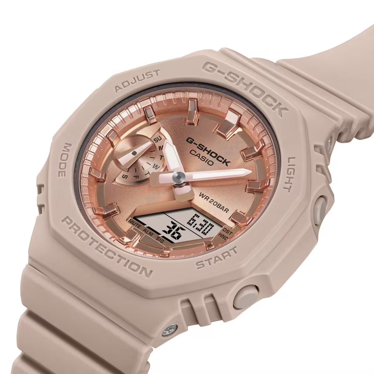 montre analogique digitale g shock femme résistante aux chocs, Étanche 20 atm, design octogonal, Éclairage led résine renforcée carbone rose doré gma s2100md 4adr