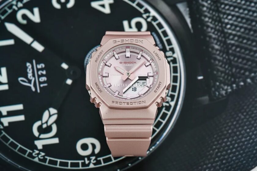 montre classique casio g shock femme résistante aux chocs, Étanche 200m, double led, design rose nacré résine biosourcée gma p2100st 4adr