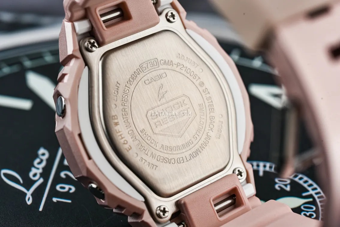 montre classique casio g shock femme résistante aux chocs, Étanche 200m, double led, design rose nacré résine biosourcée gma p2100st 4adr