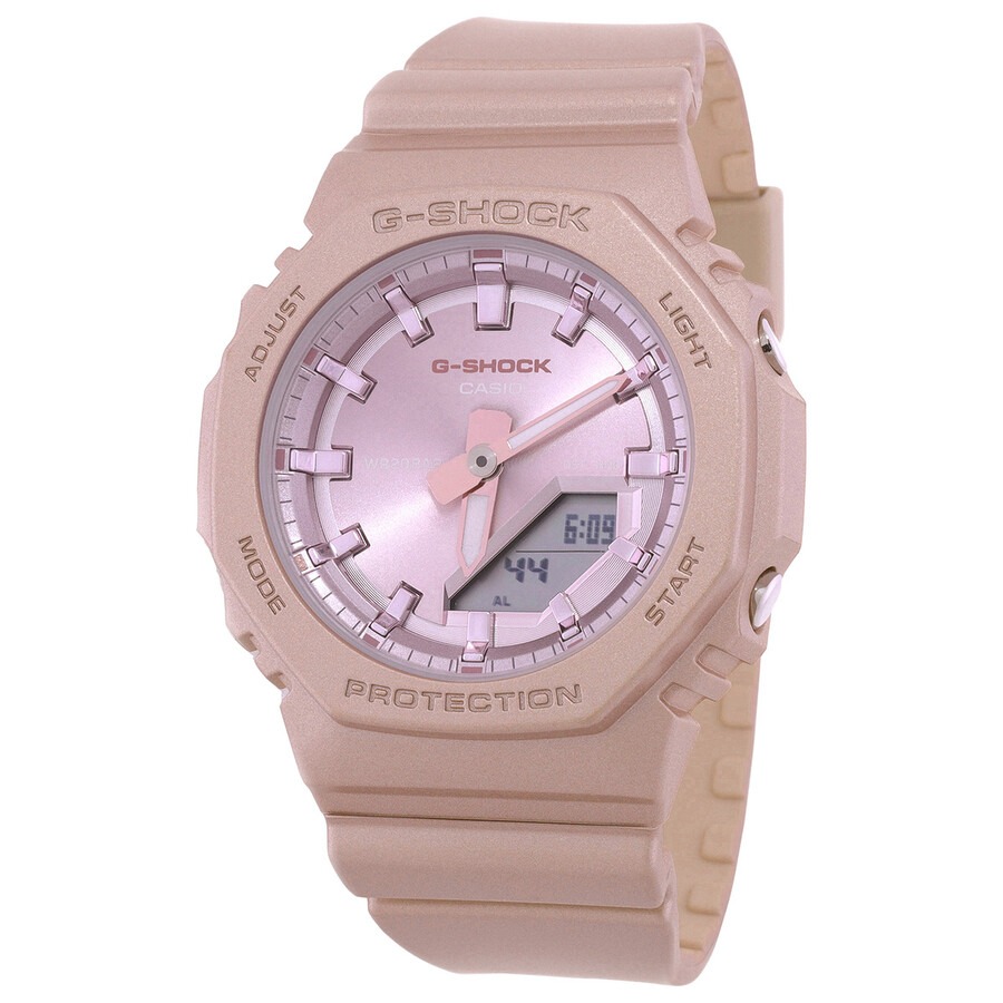 montre classique casio g shock femme résistante aux chocs, Étanche 200m, double led, design rose nacré résine biosourcée gma p2100st 4adr