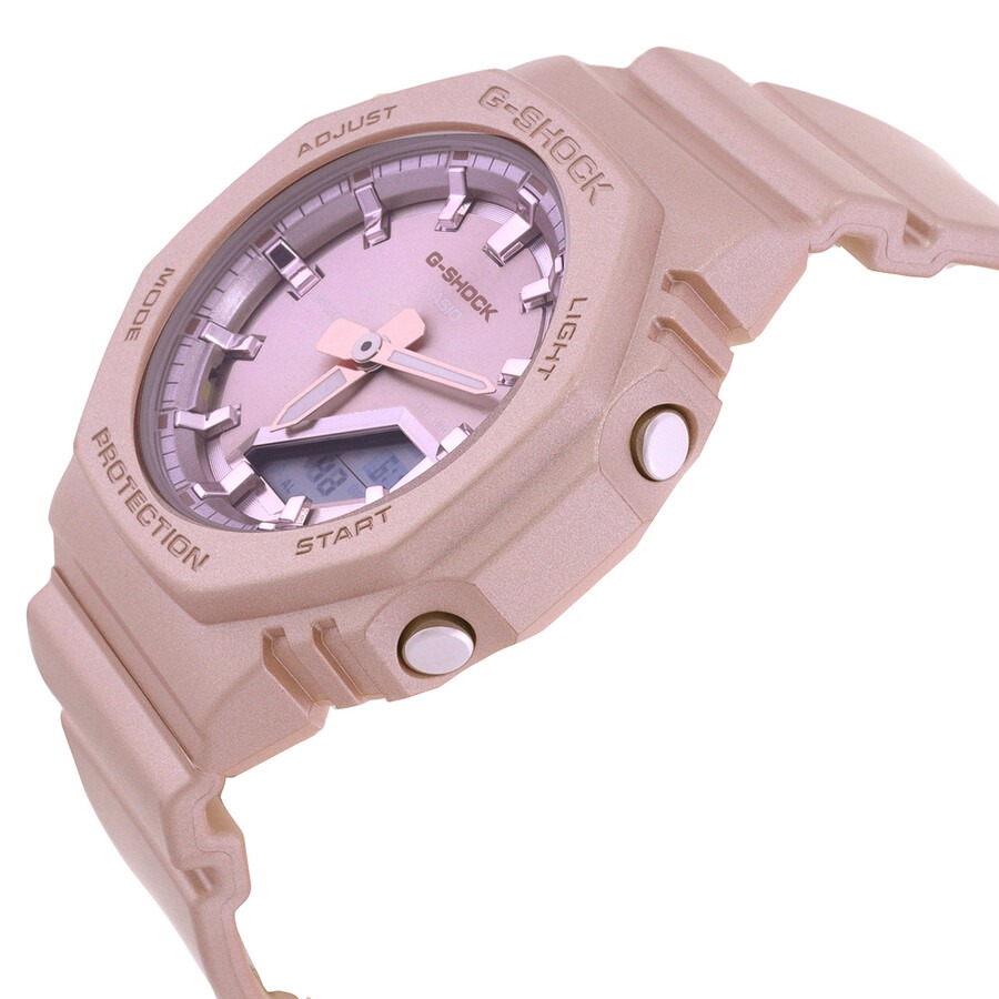 montre classique casio g shock femme résistante aux chocs, Étanche 200m, double led, design rose nacré résine biosourcée gma p2100st 4adr