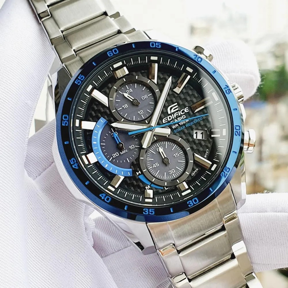 montre classique casio edifice homme chronographe, résistante à leau, bracelet acier inoxydable, verre minéral argent et bleu eqs 900db 2avudf