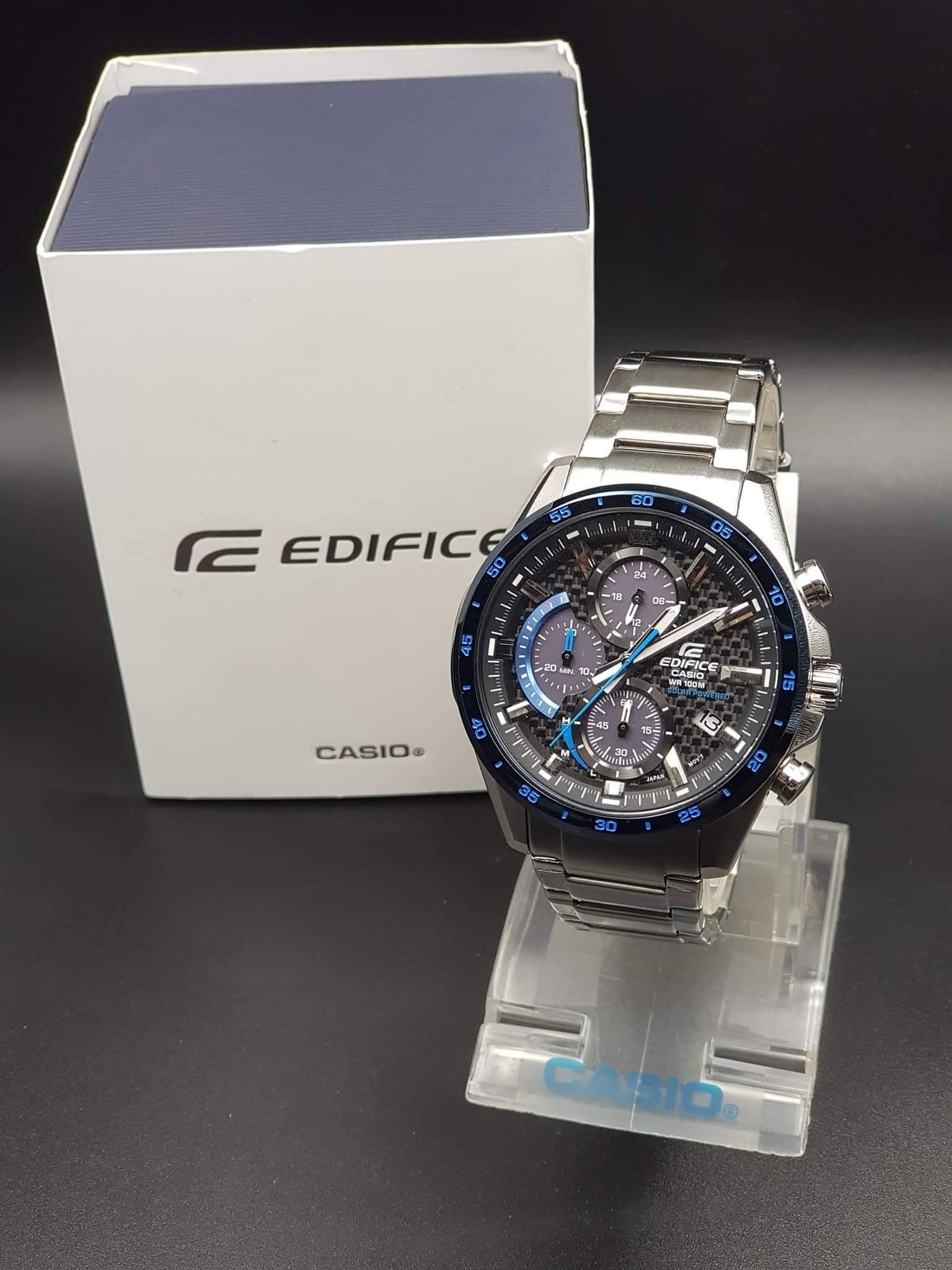 montre classique casio edifice homme chronographe, résistante à leau, bracelet acier inoxydable, verre minéral argent et bleu eqs 900db 2avudf