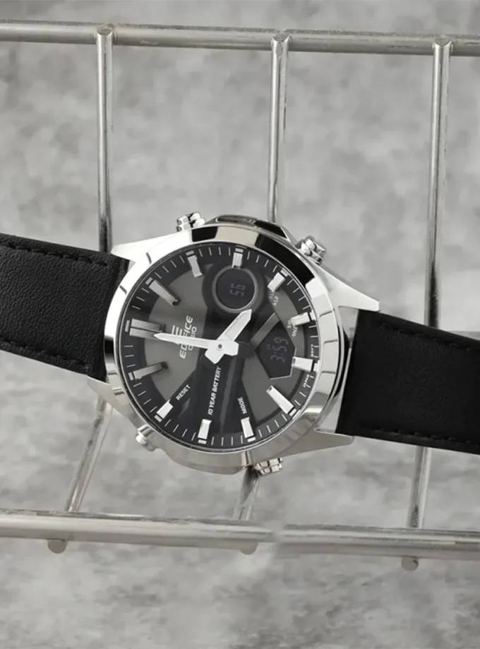 montre classique homme casio edifice efv c120l 8adf chronographe, bracelet cuir, Étanche 100m, affichage digital/analogique noir argent
