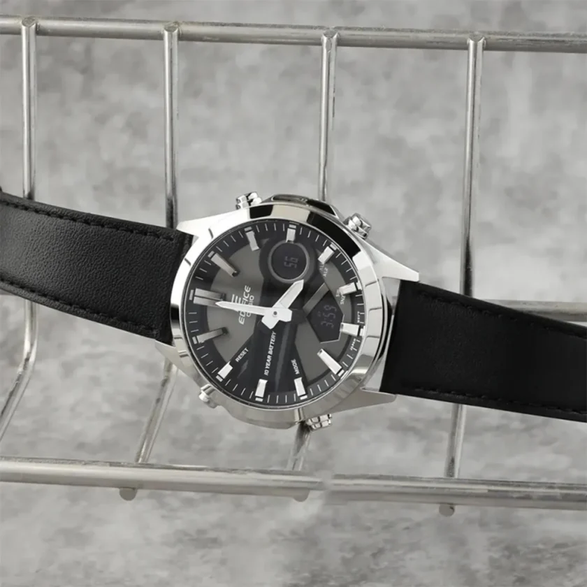montre classique homme casio edifice efv c120l 8adf chronographe, bracelet cuir, Étanche 100m, affichage digital/analogique noir argent