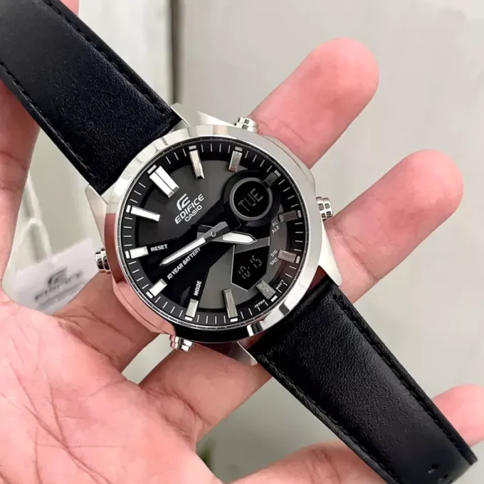 Montre Classique Homme - Casio EDIFICE - EFV-C120L-8ADF - Chronographe, Bracelet Cuir, Étanche 100m, Affichage Digital/Analogique - Noir Argent