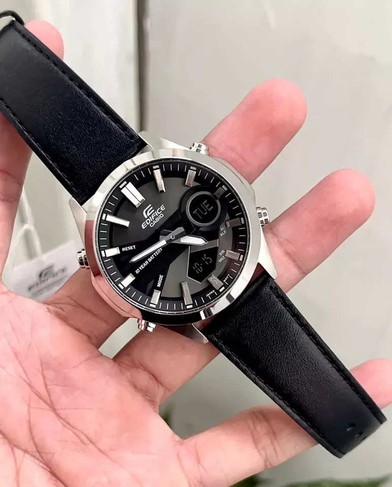 montre classique homme casio edifice efv c120l 8adf chronographe, bracelet cuir, Étanche 100m, affichage digital/analogique noir argent