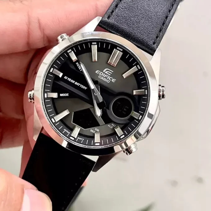 Montre Classique Homme - Casio EDIFICE - EFV-C120L-8ADF - Chronographe, Bracelet Cuir, Étanche 100m, Affichage Digital/Analogique - Noir Argent