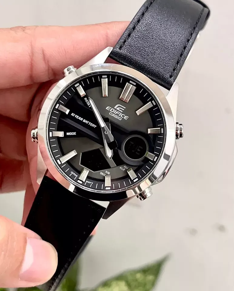 montre classique homme casio edifice efv c120l 8adf chronographe, bracelet cuir, Étanche 100m, affichage digital/analogique noir argent