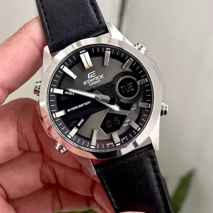 Montre Classique Homme - Casio EDIFICE - EFV-C120L-8ADF - Chronographe, Bracelet Cuir, Étanche 100m, Affichage Digital/Analogique - Noir Argent