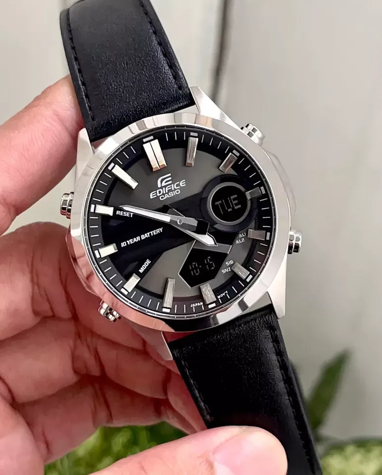 montre classique homme casio edifice efv c120l 8adf chronographe, bracelet cuir, Étanche 100m, affichage digital/analogique noir argent