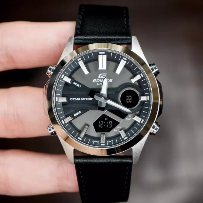 Montre Classique Homme - Casio EDIFICE - EFV-C120L-8ADF - Chronographe, Bracelet Cuir, Étanche 100m, Affichage Digital/Analogique - Noir Argent