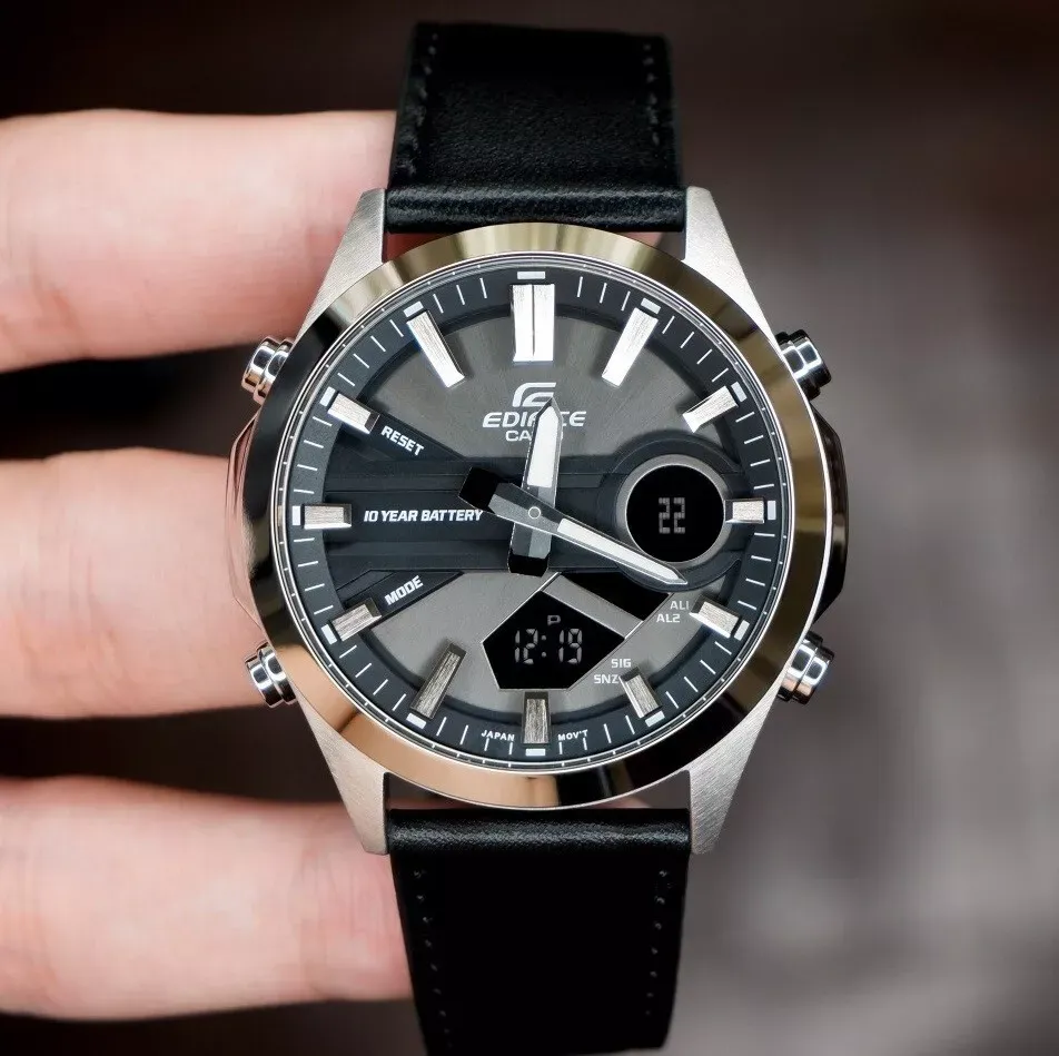 montre classique homme casio edifice efv c120l 8adf chronographe, bracelet cuir, Étanche 100m, affichage digital/analogique noir argent