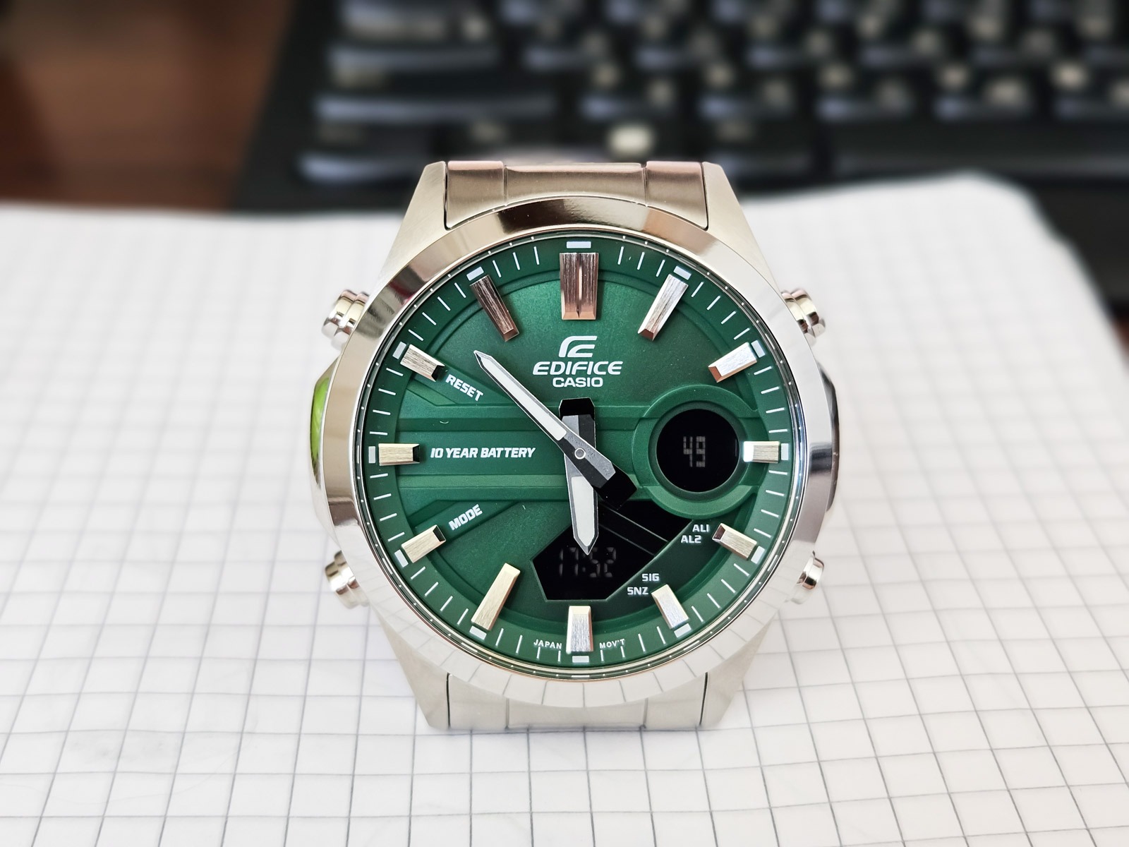 montre classique homme casio edifice efv c120d 3adf acier inoxydable, bracelet métal, multifonction, Étanche, cadran vert