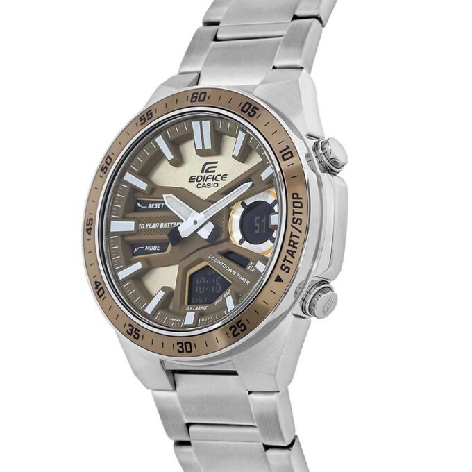 montre classique homme casio edifice efv c110d 5adf acier inoxydable, chronographe, Étanche, bracelet métal argent, cadran doré