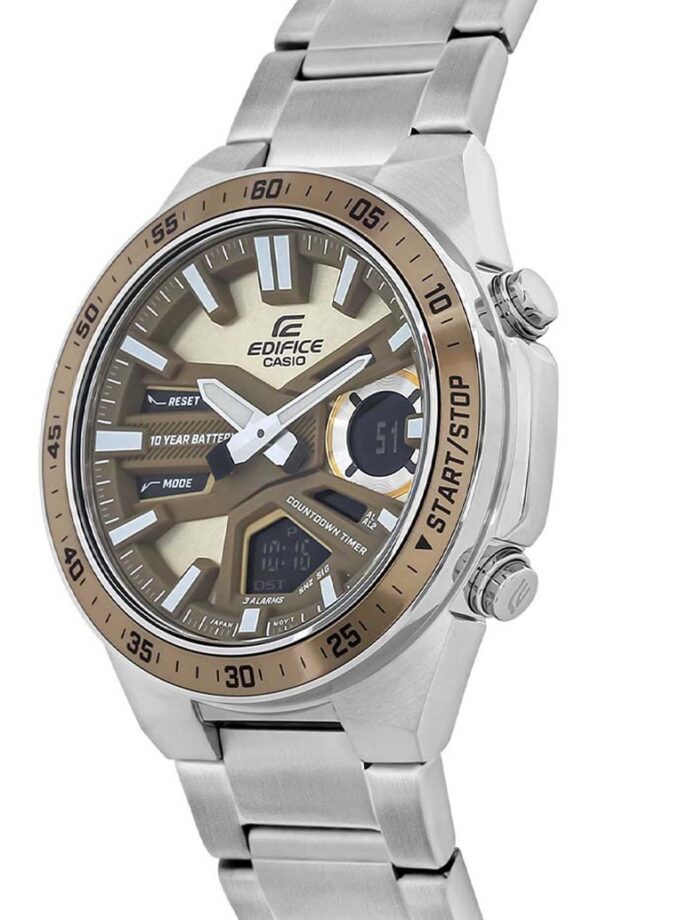 montre classique homme casio edifice efv c110d 5adf acier inoxydable, chronographe, Étanche, bracelet métal argent, cadran doré