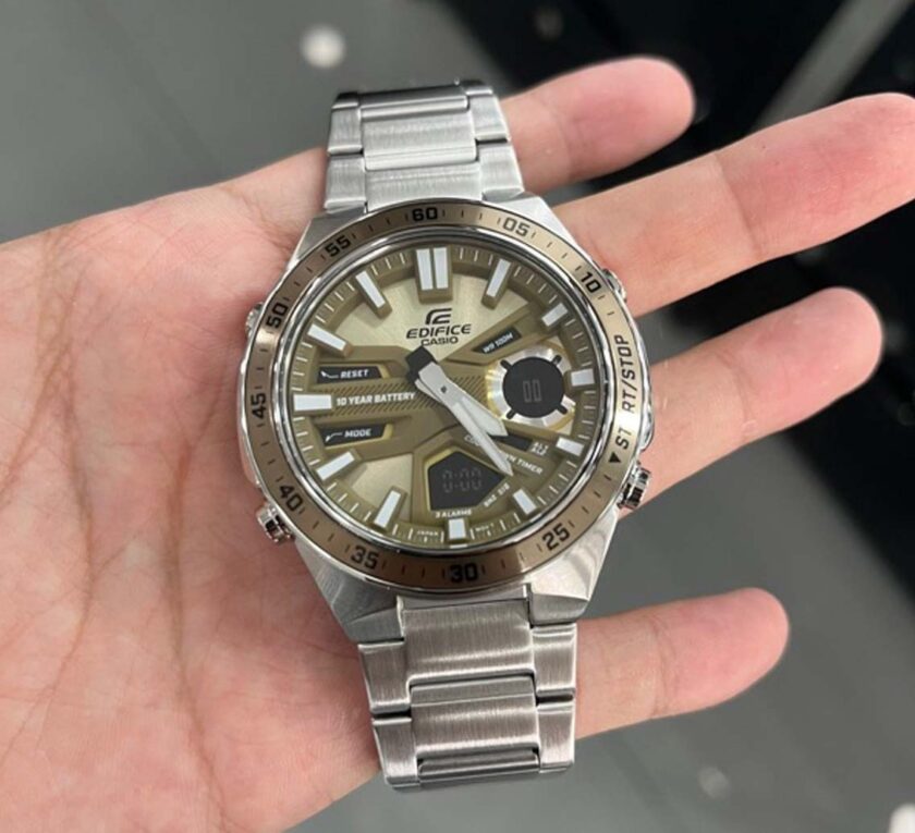 montre classique homme casio edifice efv c110d 5adf acier inoxydable, chronographe, Étanche, bracelet métal argent, cadran doré