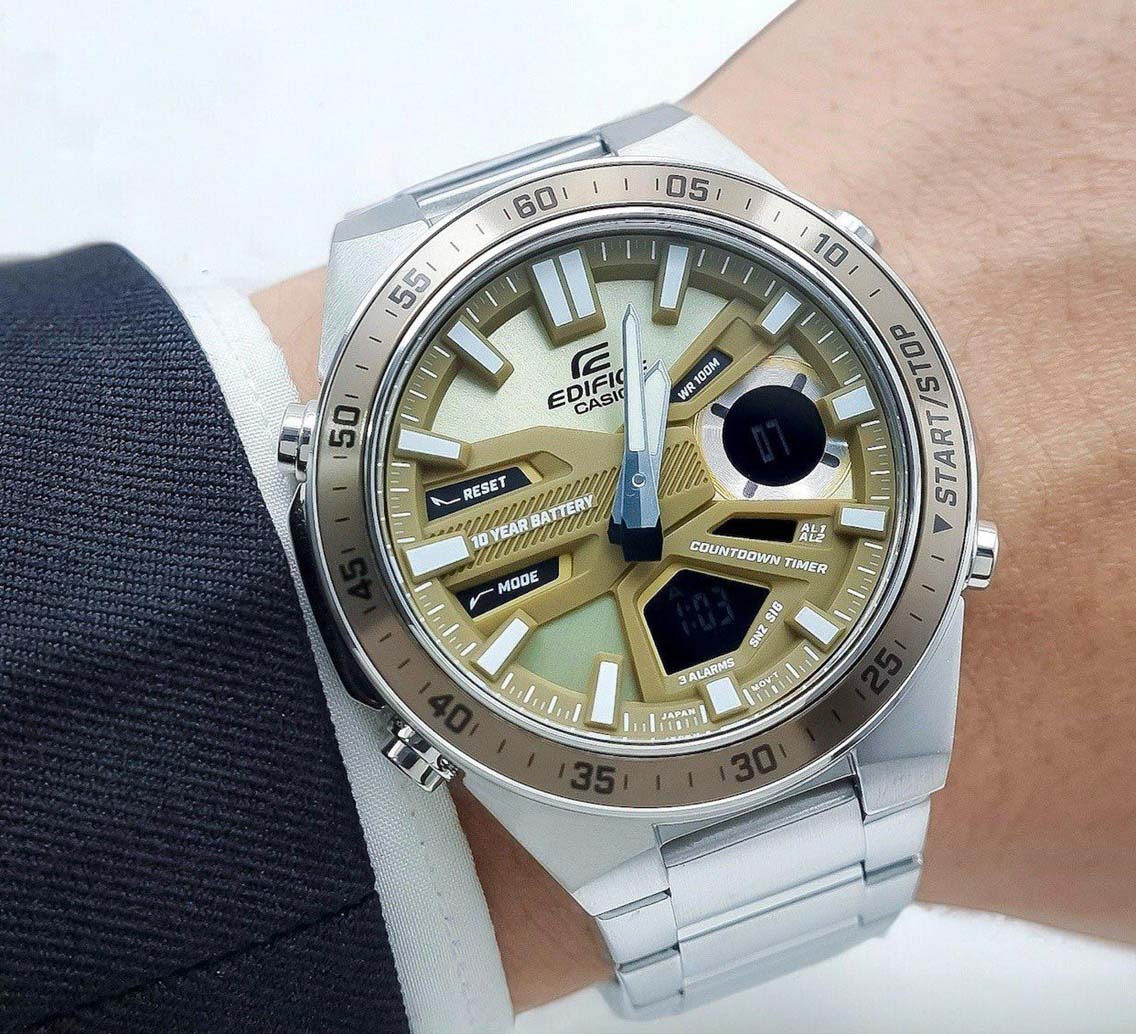 montre classique homme casio edifice efv c110d 5adf acier inoxydable, chronographe, Étanche, bracelet métal argent, cadran doré