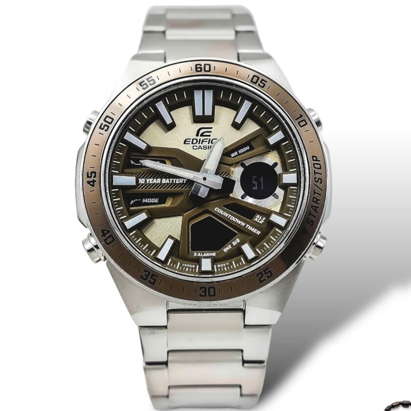 montre classique homme casio edifice efv c110d 5adf acier inoxydable, chronographe, Étanche, bracelet métal argent, cadran doré