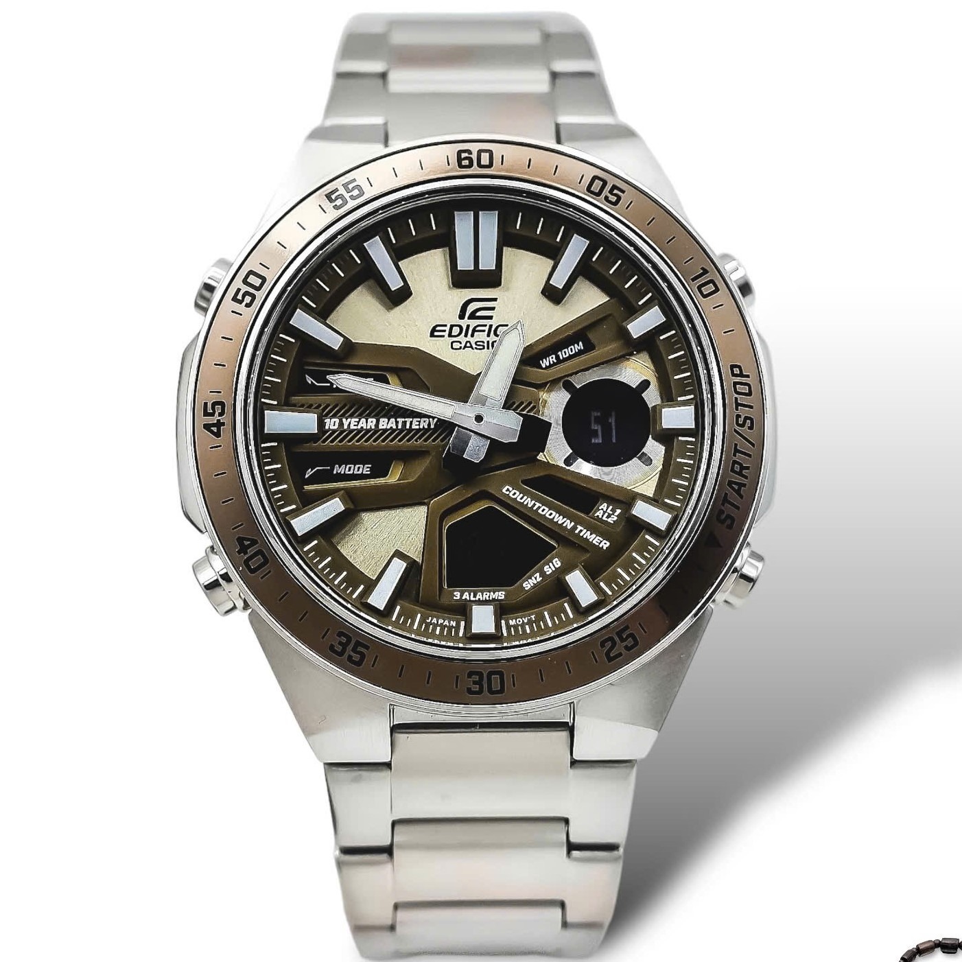 montre classique homme casio edifice efv c110d 5adf acier inoxydable, chronographe, Étanche, bracelet métal argent, cadran doré